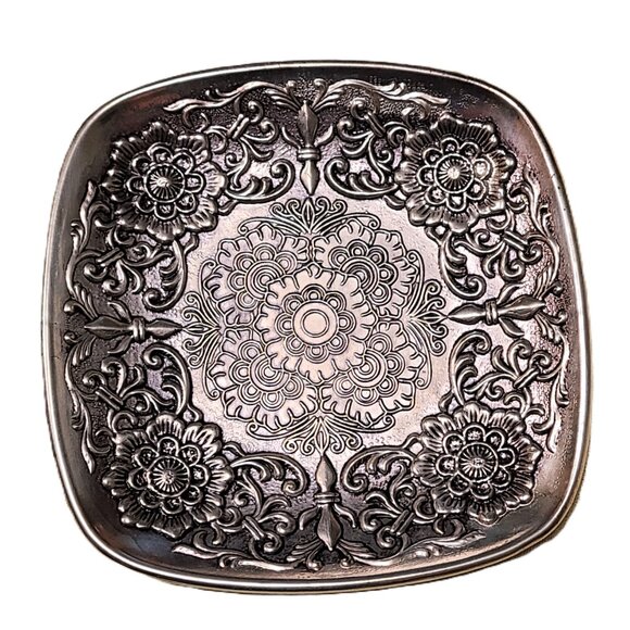 4 Vintage Pewter Saucer Tea Coffee Cups Floral Flower Glass Mug Dining Dinner - Picture 5 of 13